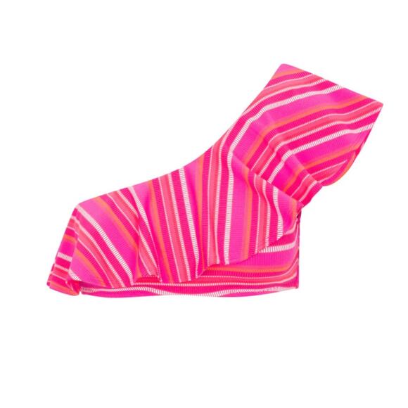 Trina Turk Marai Swim Top One Shoulder Ruffle Pink Striped Padded Beach US 4 NWT - Picture 2 of 10